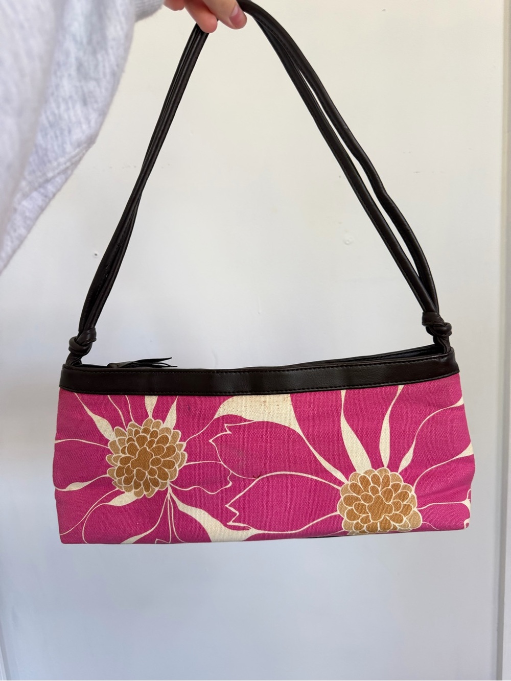 Y2K Victorias Secret Pink Floral Shoulder Bag with Brown layered handles